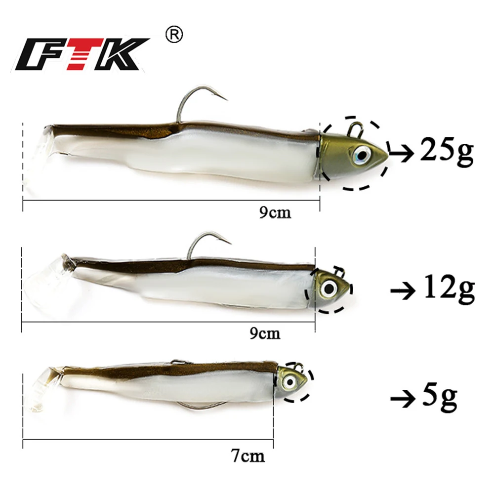 FTK Black Minnow Angelköder 5 g/70 mm, 12 g/90 mm, 25 g/90 mm, Jigkopf, Silikonköder, weiche Köder, Kurbelhaken, Jigging, Bass, Hecht, Zander - imagen 5