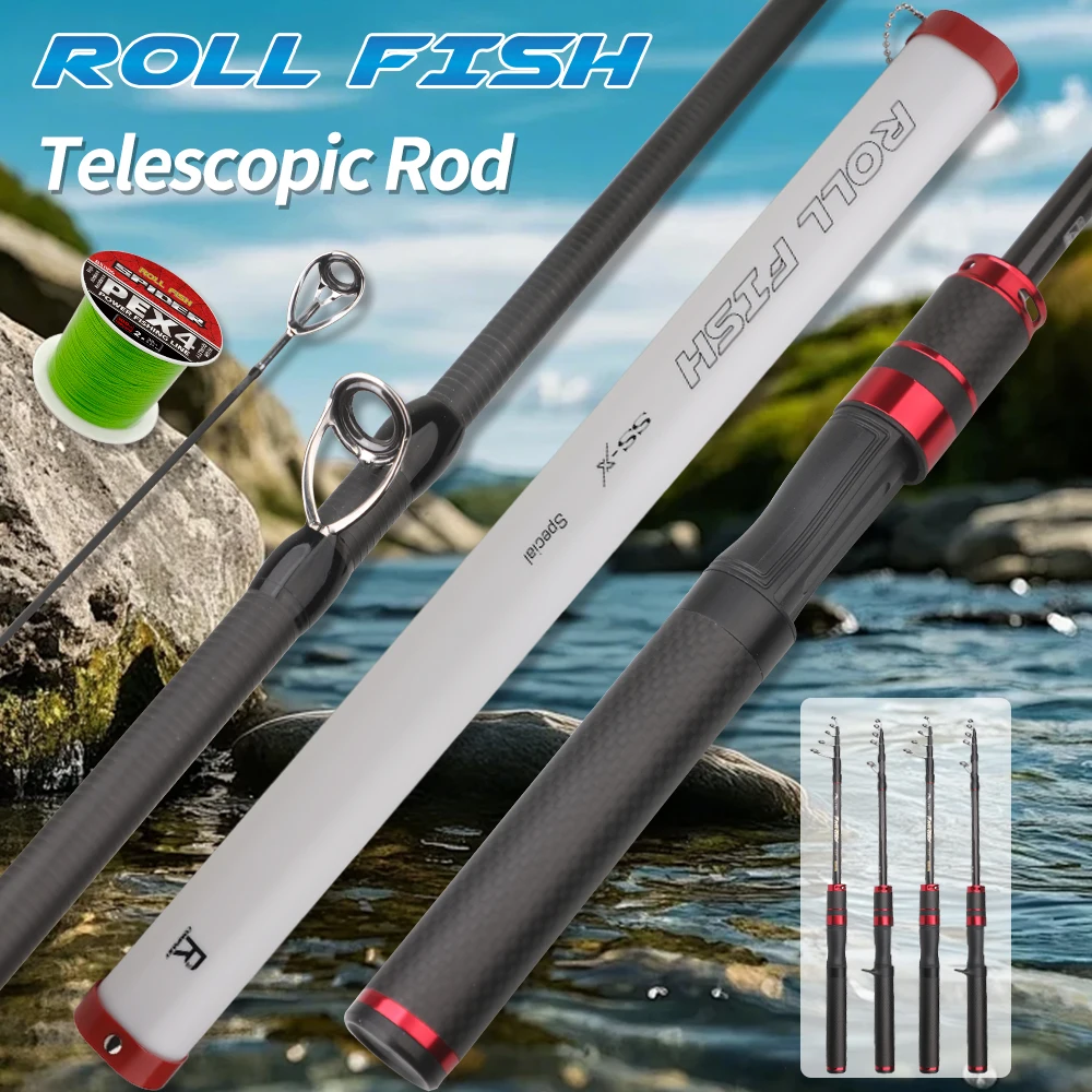 ROLLFISH-caña de pescar telescópica portátil ML de fibra de carbono, señuelo de viaje, con asiento de carrete de sonido + sedal de pesca de 100M