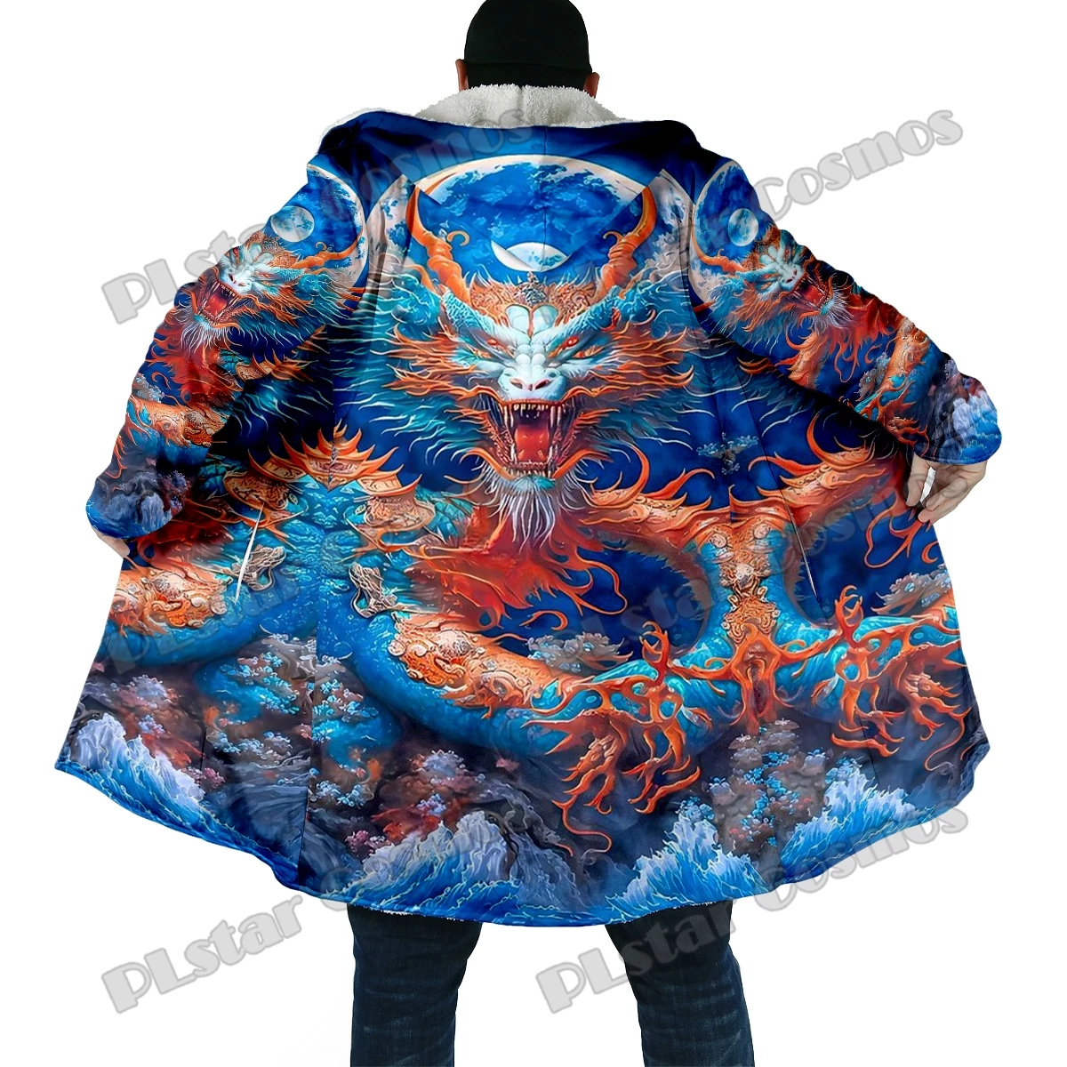 Capa con capucha de forro polar grueso para hombre, capa con estampado 3D de tatuaje de dragón, informal, cálida, a la moda, para invierno, DP46 - imagen 2