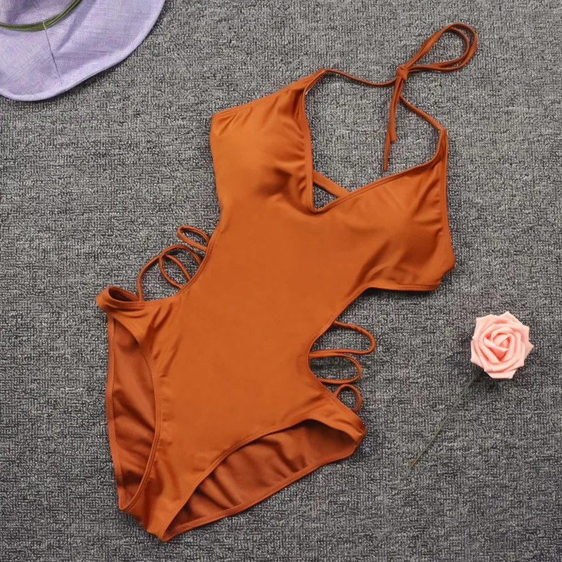 Bañadores de una pieza con cuello de pico para mujer, traje de baño Sexy con cuello Halter, espalda abierta, Monokini con corbatas, ropa de playa, Bikini con correa cruzada lateral - imagen 3