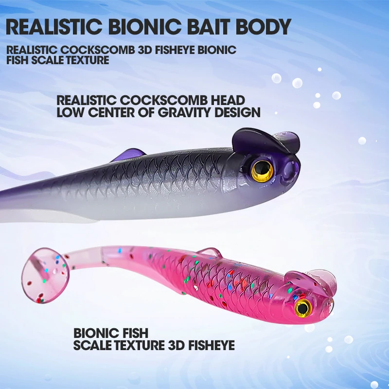 TAIYU-señuelo suave con cola en T coronada de pollo, 15 Uds., 6cm, 1,3g, goma bicolor, serie de agua poco profunda, cebo suave de pesca Artificial realista - imagen 5