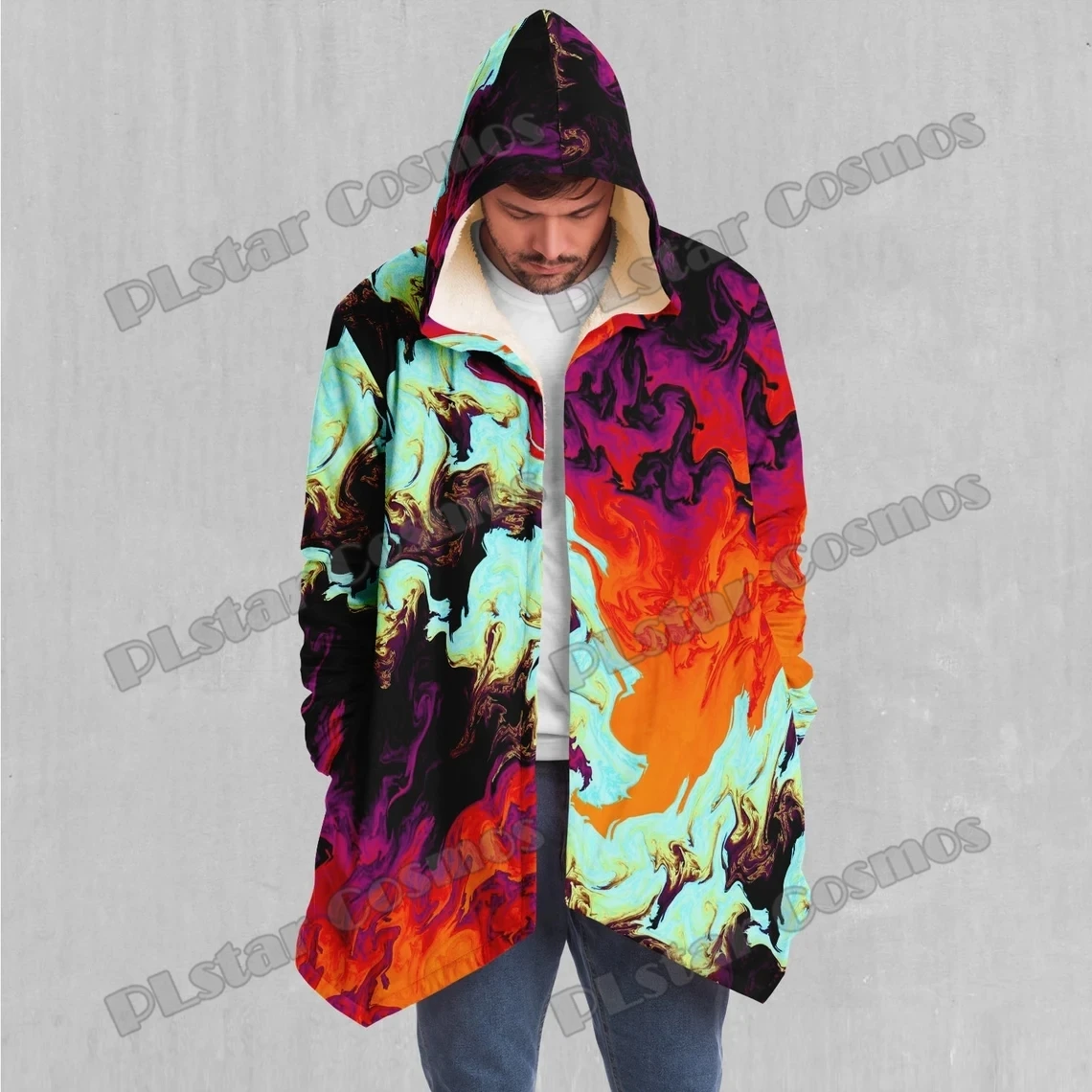 Capa con capucha forrada de Sherpa para hombre con estampado 3D de patrón colorido psicodélico de baño de Lava, capa gruesa y cálida informal para invierno, BB80 - imagen 2