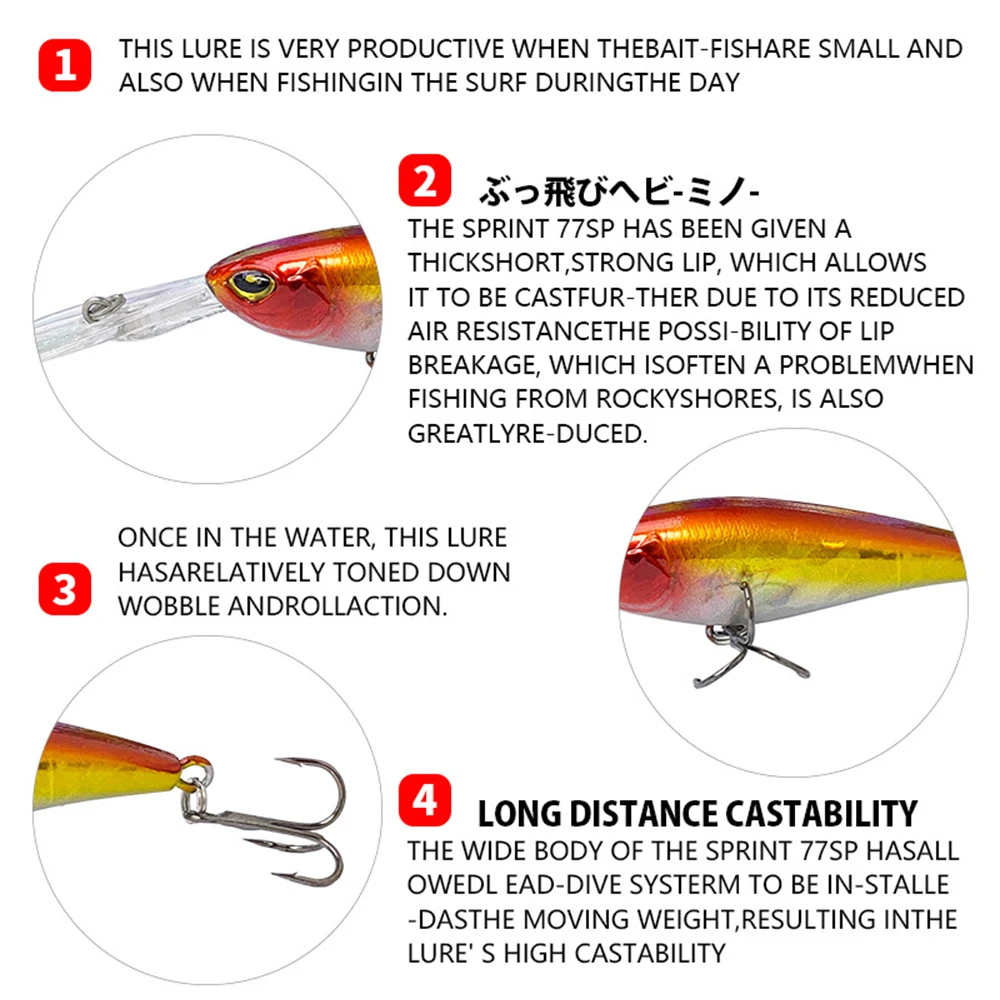 Señuelos de pesca flotantes de 5,8 cm y 6,63g, Wobbler de pececillo de fundición larga para buceo profundo, cebo duro Artificial Jerkbait para trucha y lubina MN625 - imagen 5