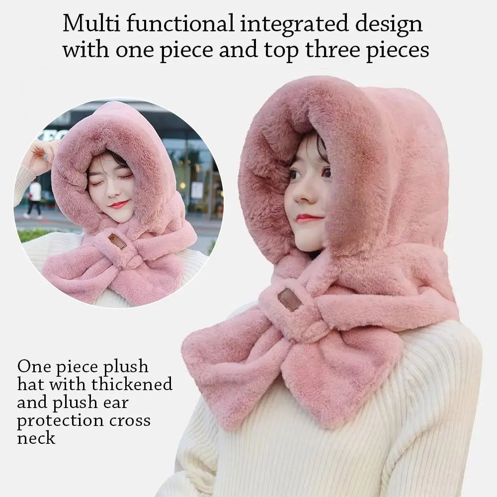 Gorro integrado a prueba de viento para mujer, bufanda gruesa, gorro, bufanda, gorro con protección para los oídos informal suave, invierno - imagen 2
