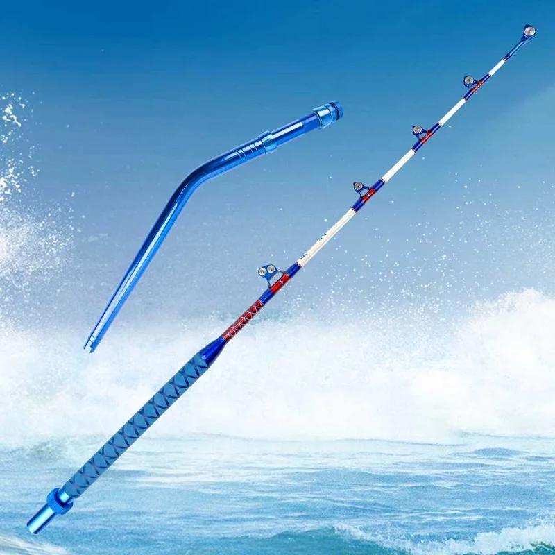 Pesca en barco blanco azul con barra doblada, caña de pescar para Jigging, caña de pescar de alta resistencia, agua salada en alta mar