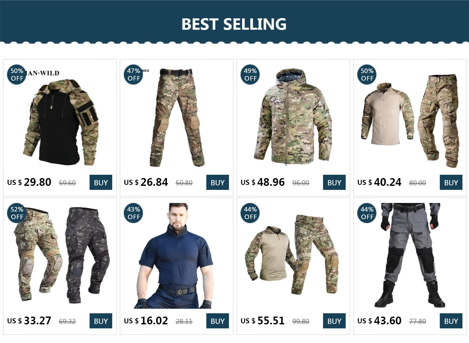 Una colección de prendas de vestir de camuflaje que están en oferta. Se muestran varios estilos de chaquetas, pantalones y camisas, cada uno con un patrón de camuflaje diferente. Los precios aparecen al lado de cada artículo, indicando descuentos de hasta el 50%.