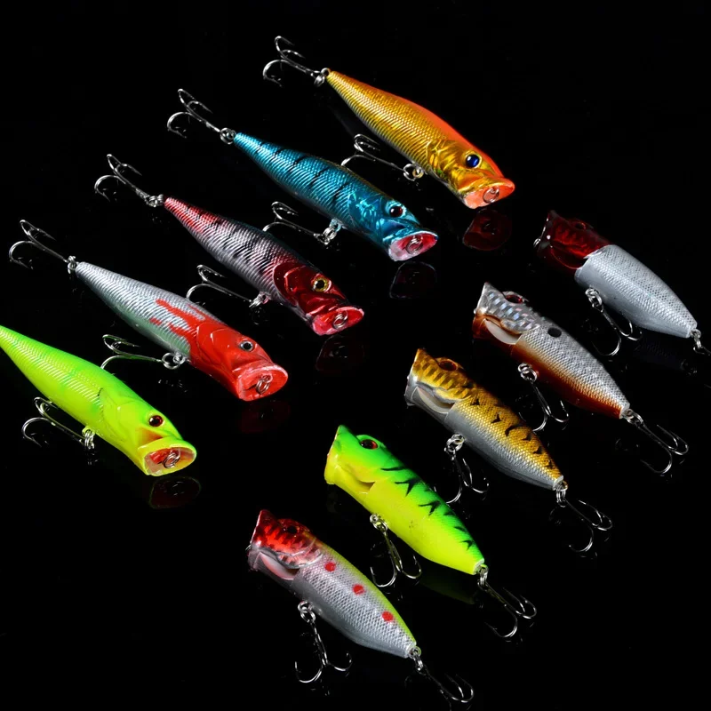 Señuelo de Popper mixto, cebo de Topwater Isca, sonajero Artificial, Wobbler, Crankbait, 6 #, anzuelos, aparejos de Pesca para perca, 10 unidades - imagen 5