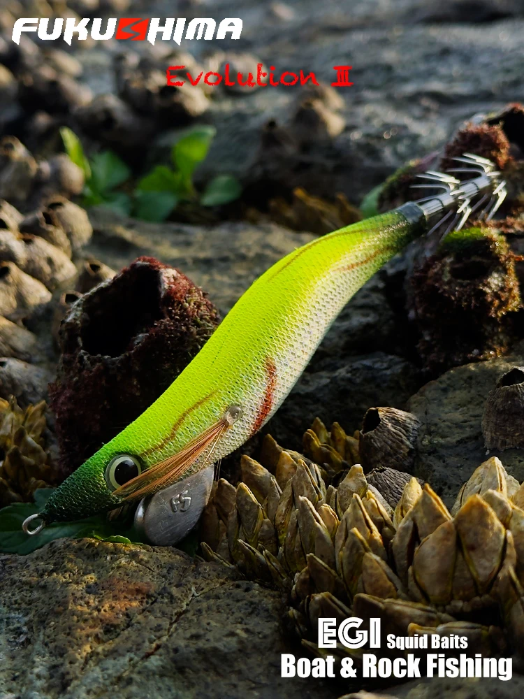 FUKUSHIMAZEECK 3.5 SQUID JIG EVOLUTION EGI LURE FISHING LONG SHOT WOOD SHRIMP BAIT EYES & TAIL GLOW SHARP HOOKS 21GRAM EBI-SOUND - imagen 5