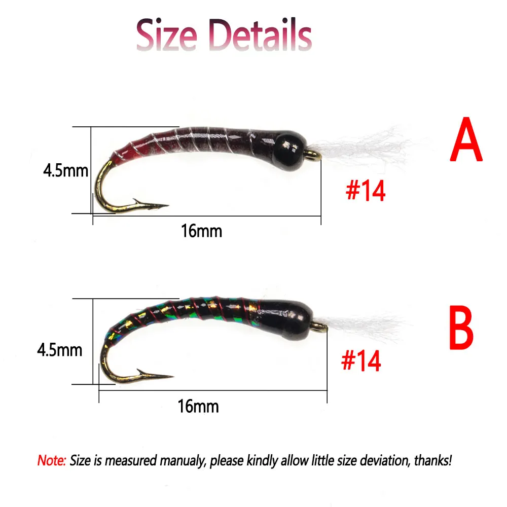 Bimoo 10 piezas # 14 cabeza de cuentas de latón epoxi cebra midge mosca anzuelo de púas alambre de cobre costilla Chironomid Pupa mosca trucha Señuelos de pesca cebos - imagen 4