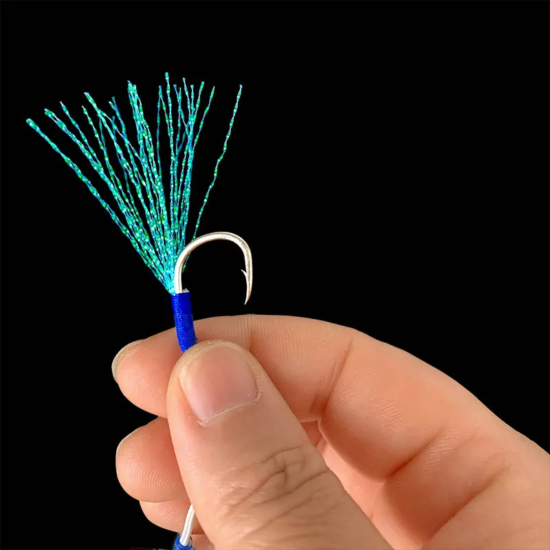 5 unids/bolsa tamaño 10 a 20 anzuelos de cuerda de plumas para pesca en barco gancho doble de ayuda de Jigging lento de acero con alto contenido de carbono y sobrepeso - imagen 5