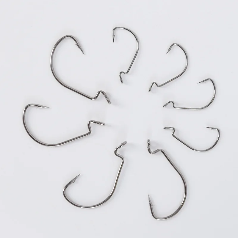 100 Uds. Anzuelo compensado de pesca con manivela de vientre ancho # 5/0 # 1/0 ... # 8 tamaños de acero rico en carbono para cebo de gusano blando con ojos grandes - imagen 5