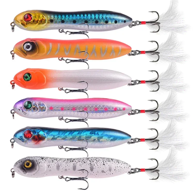 Señuelo de pesca con lápiz Topwater, 10cm, 15,5g, Wobblers de plástico flotantes Popper, cebo Artificial con anzuelos de plumas, aparejos de pesca, 1 ud. - imagen 5
