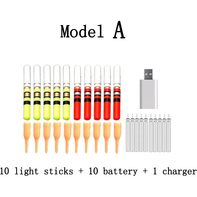 10 unids/lote palo de luz con 10 baterías recargables CR322 palo LED cargador USB aparejos de pesca nocturna accesorio flotante D009 - imagen 4
