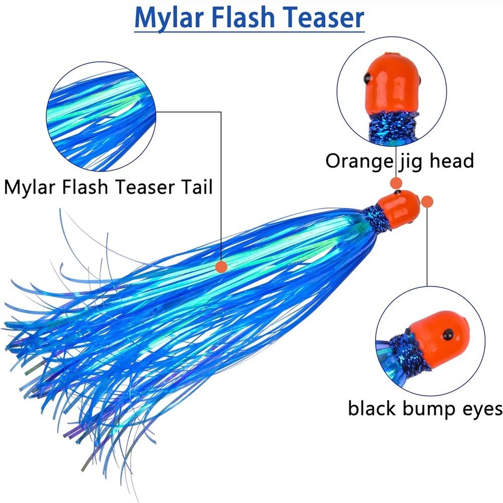Señuelos de Pesca de cola de gallo, línea de cristal, cabeza de plantilla, falda, cebo, cabeza de plantilla pesada, aparejos de pesca de curricán, 10 piezas, Teaser Mylar Flash, 9,5g - imagen 3