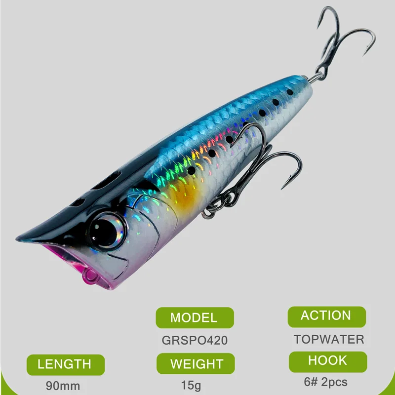 GREENSPIDER-SEÑUELOS DE pesca de superficie Popper, 1 piezas, 90mm, 15g, cebo Artificial Topwater, Señuelos de Pesca para aparejos de lubina - imagen 2