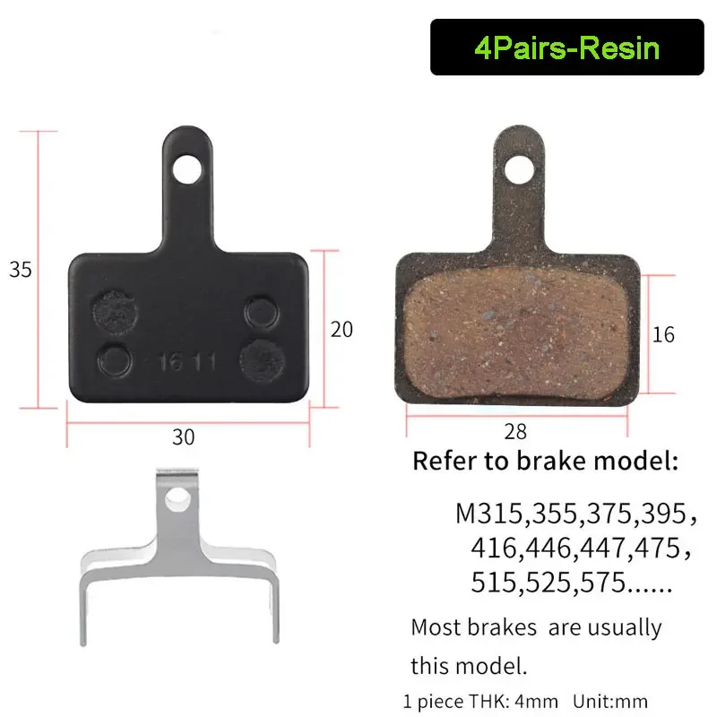 Pastillas de freno de disco semimetálicas de resina para bicicleta de montaña Shimano, B01S, M375, M395, M446, M485, M486, M416, Deore, M515, M525, 4 pares - imagen 3