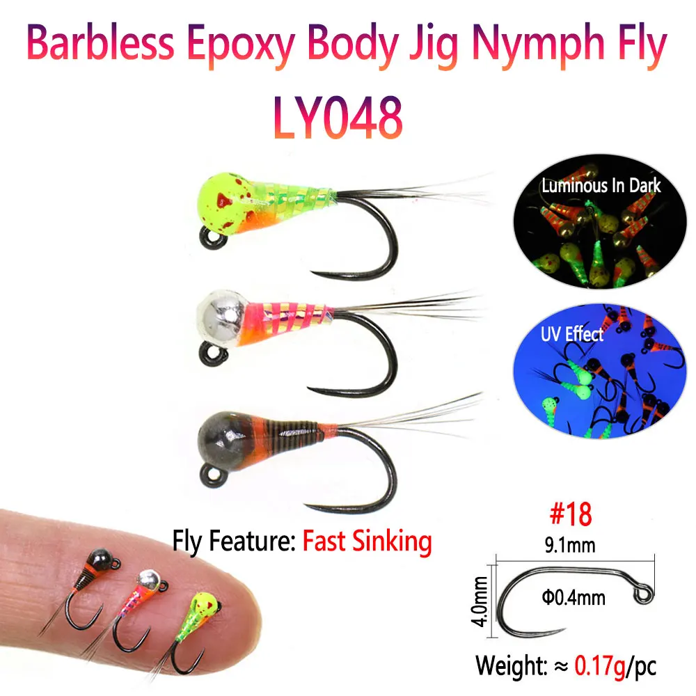 Bimoo 6 piezas # 14 # 18 Jig de hundimiento rápido sin púas Ninfa Fly cola de faisán epoxi húmedo Euro Fly Perdigon Ninfa trucha Señuelos de pesca - imagen 5
