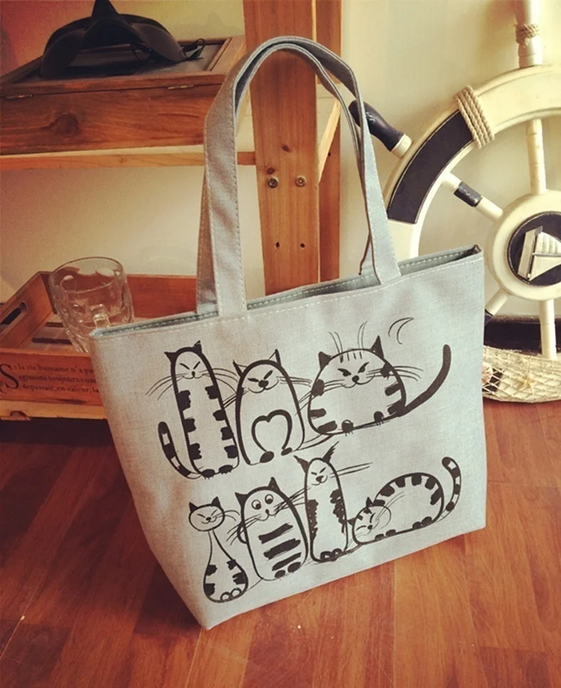 Bolso de playa con cremallera y estampado de gatos de dibujos animados, bolso de lona a la moda para mujer, bolsos de compras - imagen 3