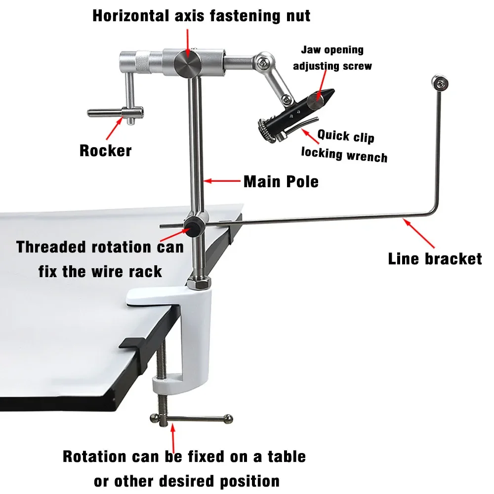 Tornillo de banco para atar moscas de pesca, portátil, giratorio de 360 grados, aleación de aluminio, montaje con abrazadera en C, mandíbulas estándar, herramientas para atar moscas - imagen 3