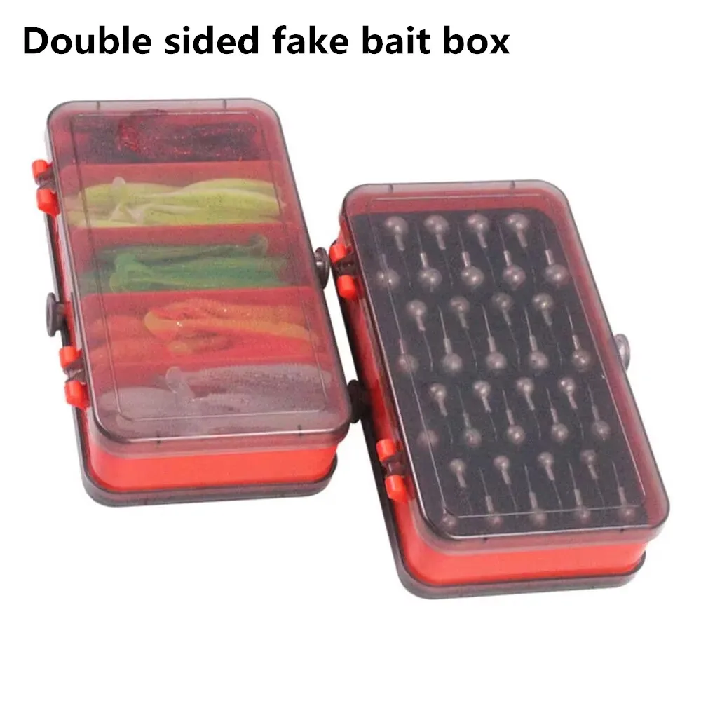 Caja de cebo dividida de doble cara portátil, gancho de manivela, grupo de anzuelos de cabeza, cebo de cabeza, cebo suave, accesorios de equipo de pesca, almacenamiento