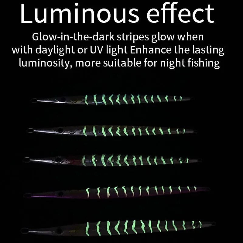 Plantilla de aguja de pesca, señuelo tipo sonajero de Metal largo, 170mm/80g, 180mm/100g, hundimiento UV, Jigging lento, cuchara para orilla, aparejos artificiales, 1 Uds. - imagen 5