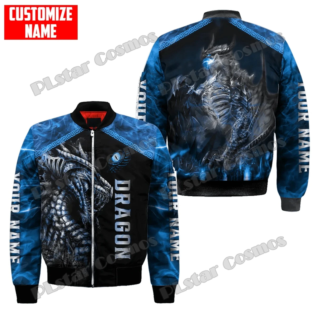 Chaqueta Bomber de invierno para hombre, tatuaje de dragones azules, nombre personalizado, estampado 3D, abrigo grueso con cremallera y bolsillo, chaqueta cálida informal Unisex con cremallera FX-15 - imagen 5