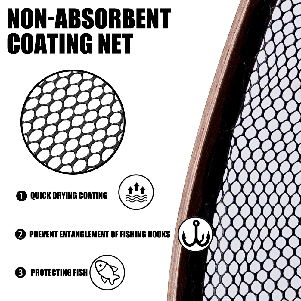 Red de aterrizaje de trucha grande con mango de madera, aparejos para moscas, revestimiento de goma, herramientas para Lucio, captura y liberación - imagen 3