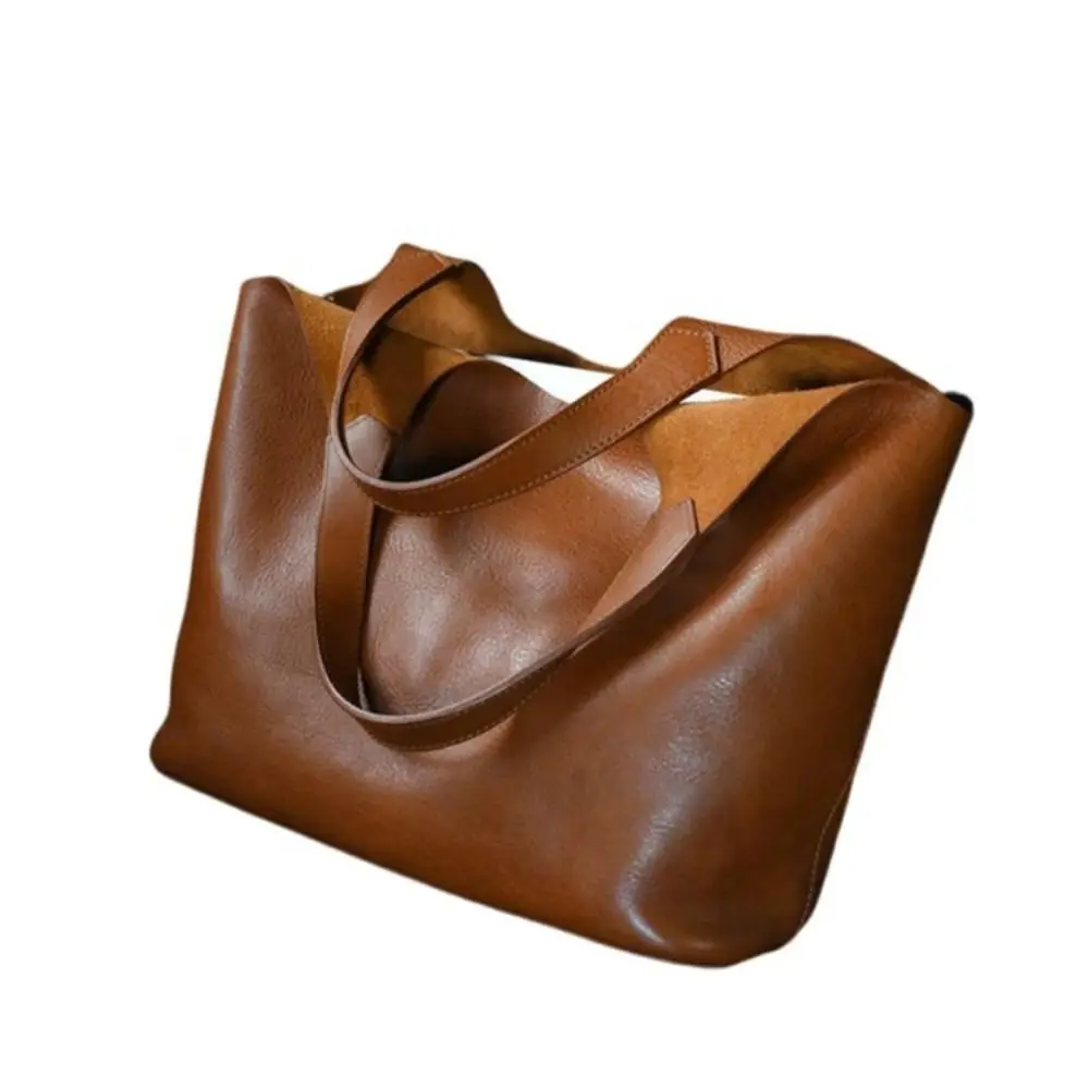 Bolsos de mano marrones de alta calidad para mujer, bolso Retro para tableta y ordenador de gran capacidad, bolso de mano de cuero suave con textura lujosa - imagen 4