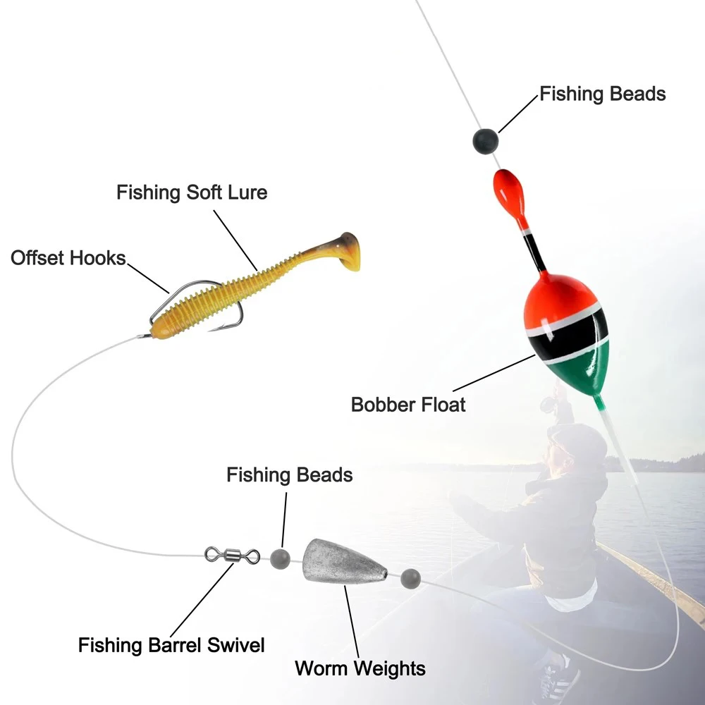 Kit de aparejos de pesca de lubina, plomo, plomo, peso, cuenta de pesca, gusano, anzuelos giratorios, anillo dividido, aparejo de Texas, 370 unids/lote por caja - imagen 4