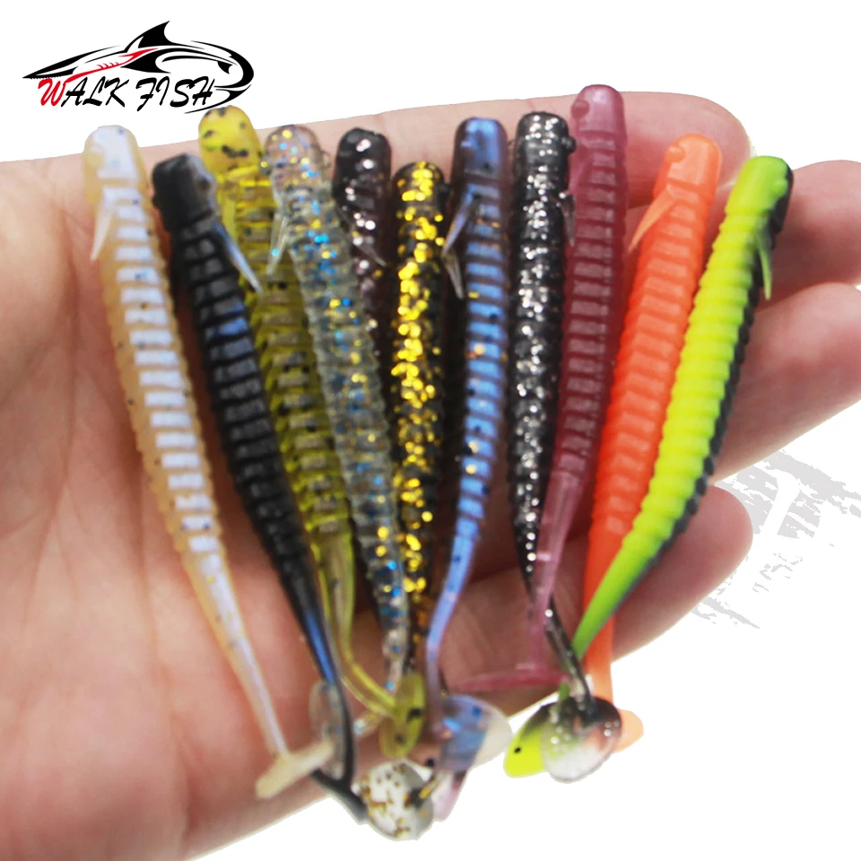 WALK FISH-señuelo de pesca de pececillos de plástico suave, cebo Artificial, sábalo, carpa, cola de paleta, perca, trucha, 10 piezas, 75mm/45mm - imagen 4