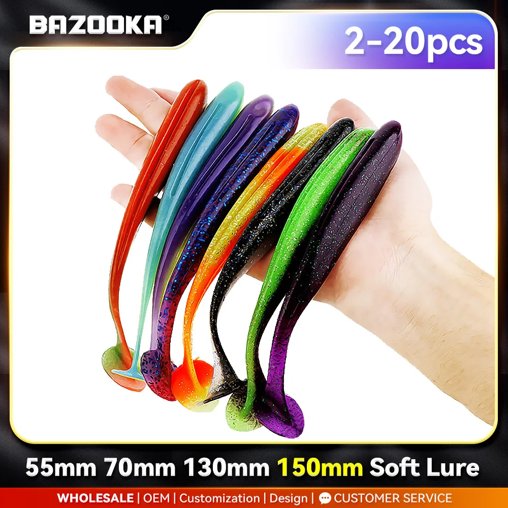 Bazooka-señuelo de Pesca grande de 100mm y 150mm, gusano de silicona, fácil brillo, sábalo, cola en T, cebo suave, Wobbler de hielo, Swimbait, Pesca, lubina, invierno - imagen 3