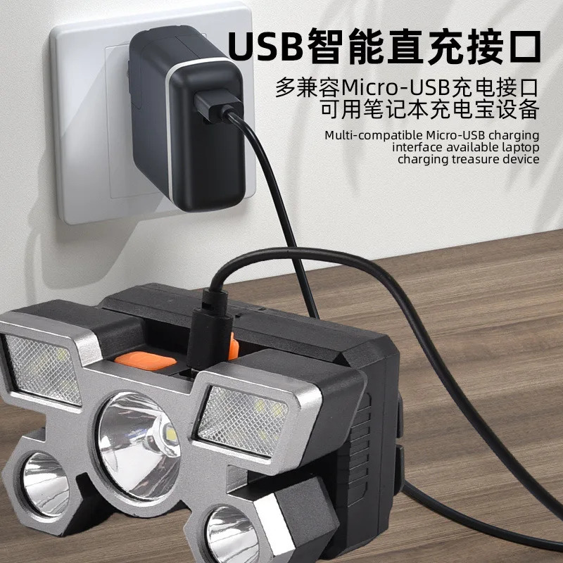 Faro Led de cinco cabezales, luz fuerte, superbrillante, lámpara de pesca recargable por USB, linterna de mina montada en la cabeza de largo alcance - imagen 3