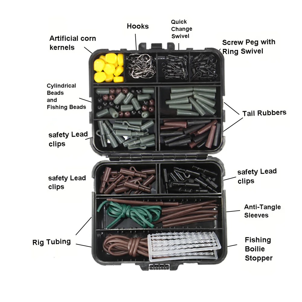 Kit de aparejos terminales de pesca de carpa, 272 Uds., cuentas giratorias a presión, mangas antienredos, conector de punta, posicionador de tubo, anzuelos de carpa con caja - imagen 3