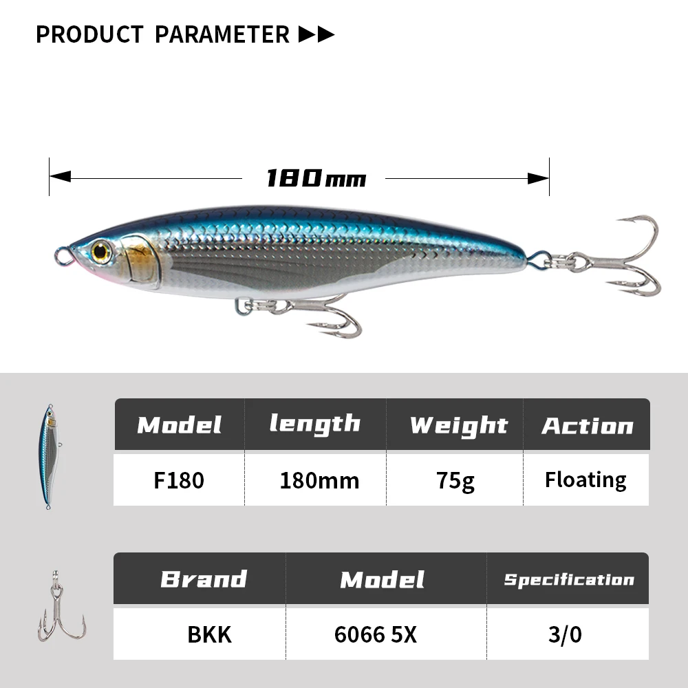 JIGGING PRO 180mm 75g Topwater Floating Pencil Lure Saltwater Fishing Lure Plastic Stick Bait With Treble Hooks - imagen 3