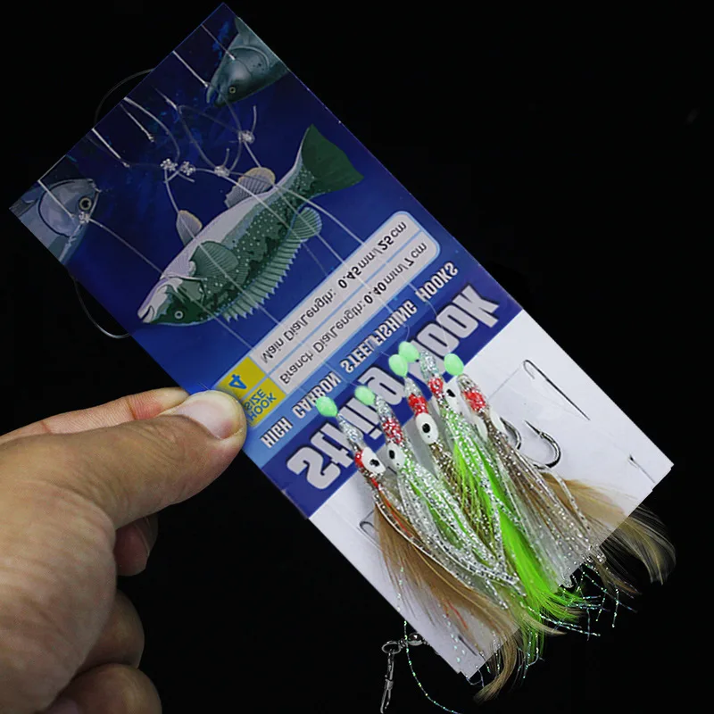 2 uds aparejos de pesca cebos suave pulpo señuelo luminoso brillo pluma piel de pescado ganchos de cuerda pesca en agua salada 1 paquete 1/0 - imagen 4