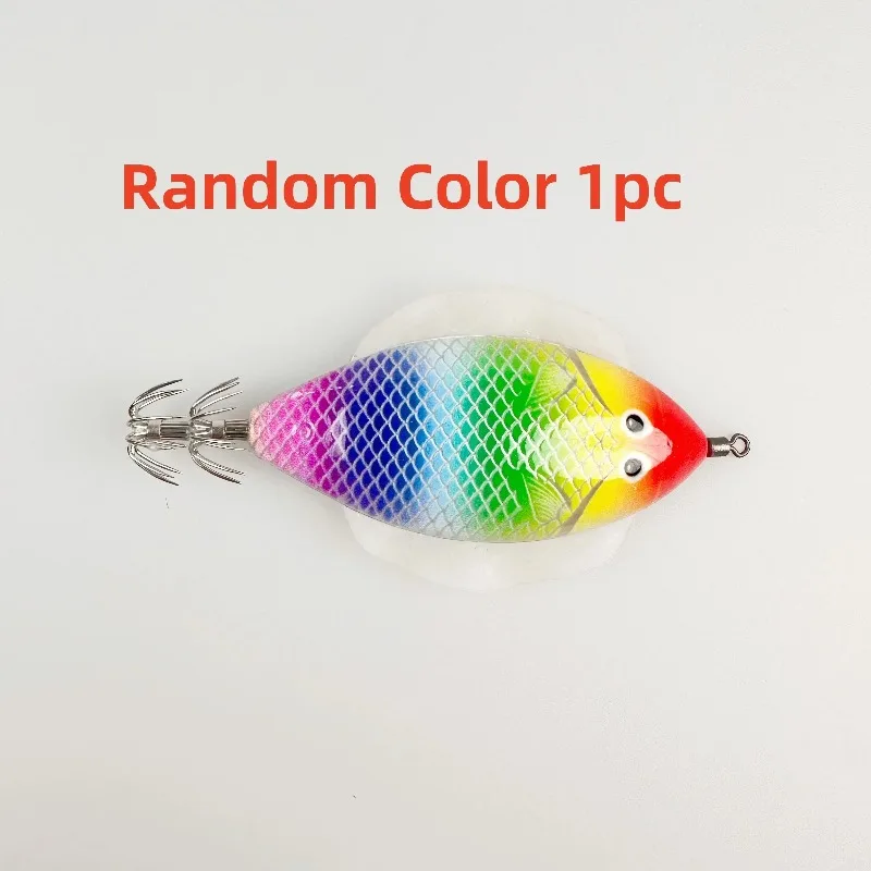 Color aleatorio, 5 uds., anzuelo de madera para camarones, calamar, anzuelo plano de madera para equilibrio de camarones, cebo simulado, cebo de imitación, señuelos de peces de plumas - imagen 2