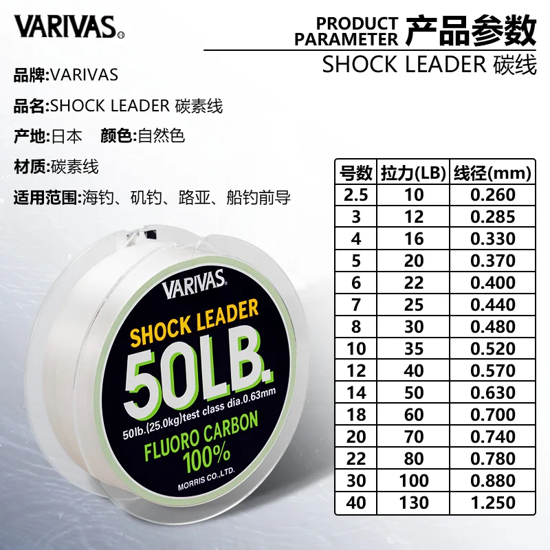Línea de pesca original VARIVAS SHOCK LEADER 100% FLUOROCARBON # 2.5- # 40 30M 10LB-130LB Línea de pesca MAR fabricada EN JAPÓN - imagen 2