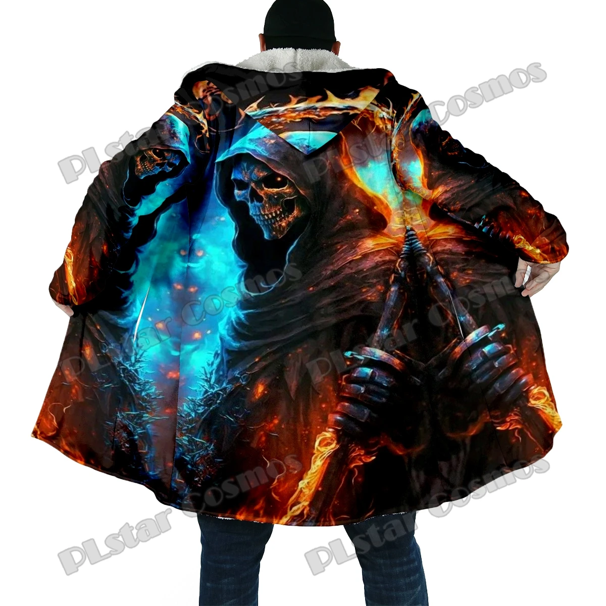 Capa de moda de invierno para hombre, capa con capucha de lana gruesa con estampado 3D de calavera y llama, capa cálida informal Unisex DP50 - imagen 5