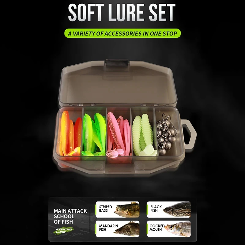 33pcs Soft Fish Bait Set Soft T-tail Fish Bait 7cm2g Lead Head Hook 3.5cm 5g Fish Hook Accessories with Fishing Gear Box Outdoor - imagen 5