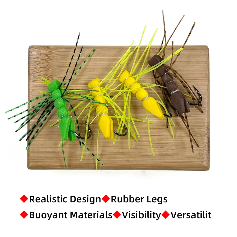 Wifreo 4 piezas/6 piezas # 4 patas de goma, saltamontes de espuma, tolva flotante, mosca seca, trucha, lubina, Panfish, pez solar, perca, cebos de señuelo de pesca - imagen 5