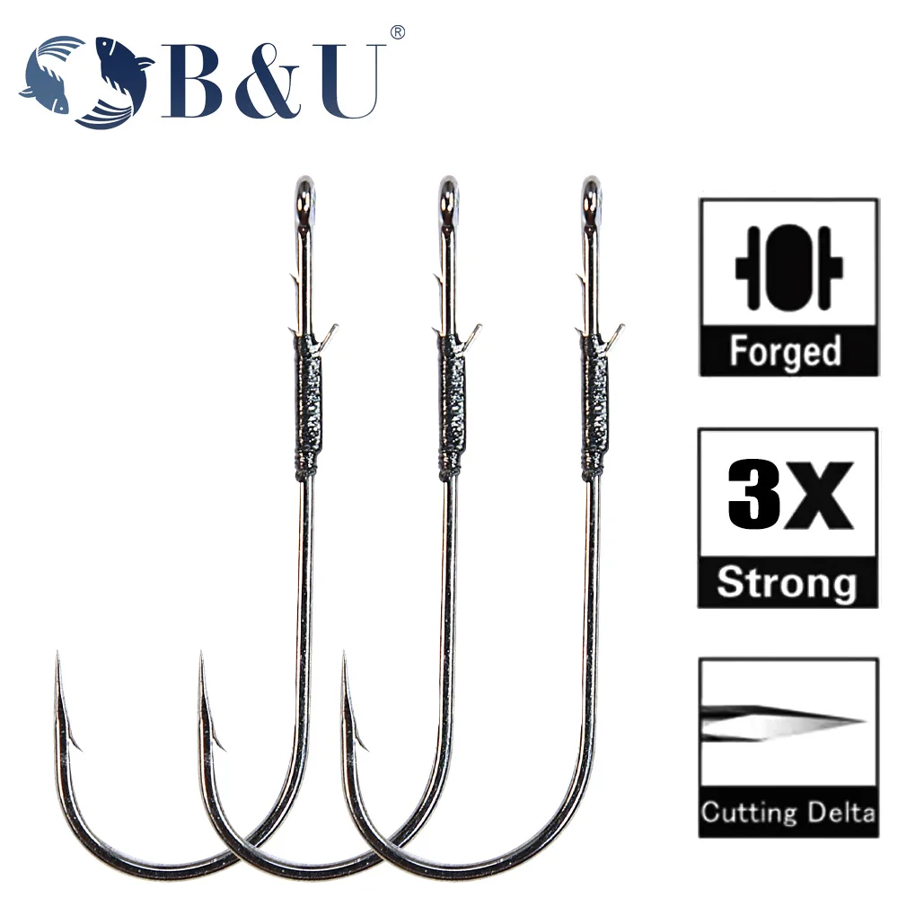 B & U 5ps cHandmade Hooks para pesca de lubina, anzuelo de caña larga de acero rico en carbono, gusano suave, aparejo de pesca Texas - imagen 5