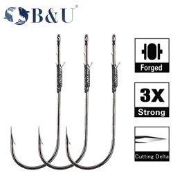 B & U 5ps cHandmade Hooks para pesca de lubina, anzuelo de caña larga de acero rico en carbono, gusano suave, aparejo de pesca Texas