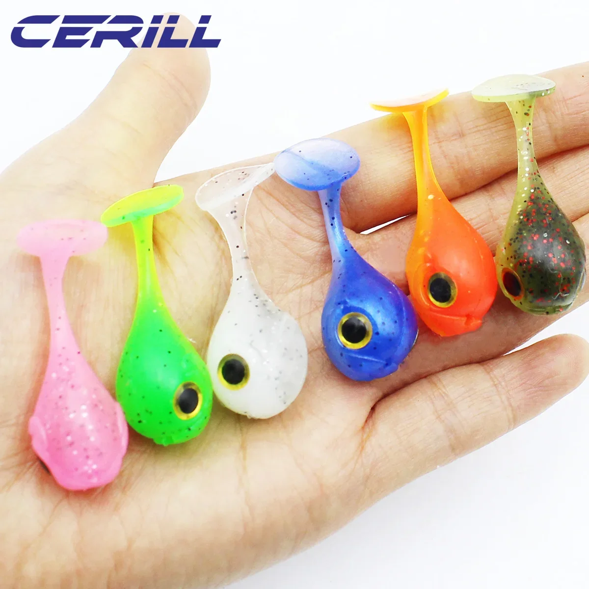Cerill 5 uds 45mm 3g cabeza grande ojos 3D cola de paleta simulación suave señuelo de pesca doble Color Artificial Jigging silicona Swimbait - imagen 5