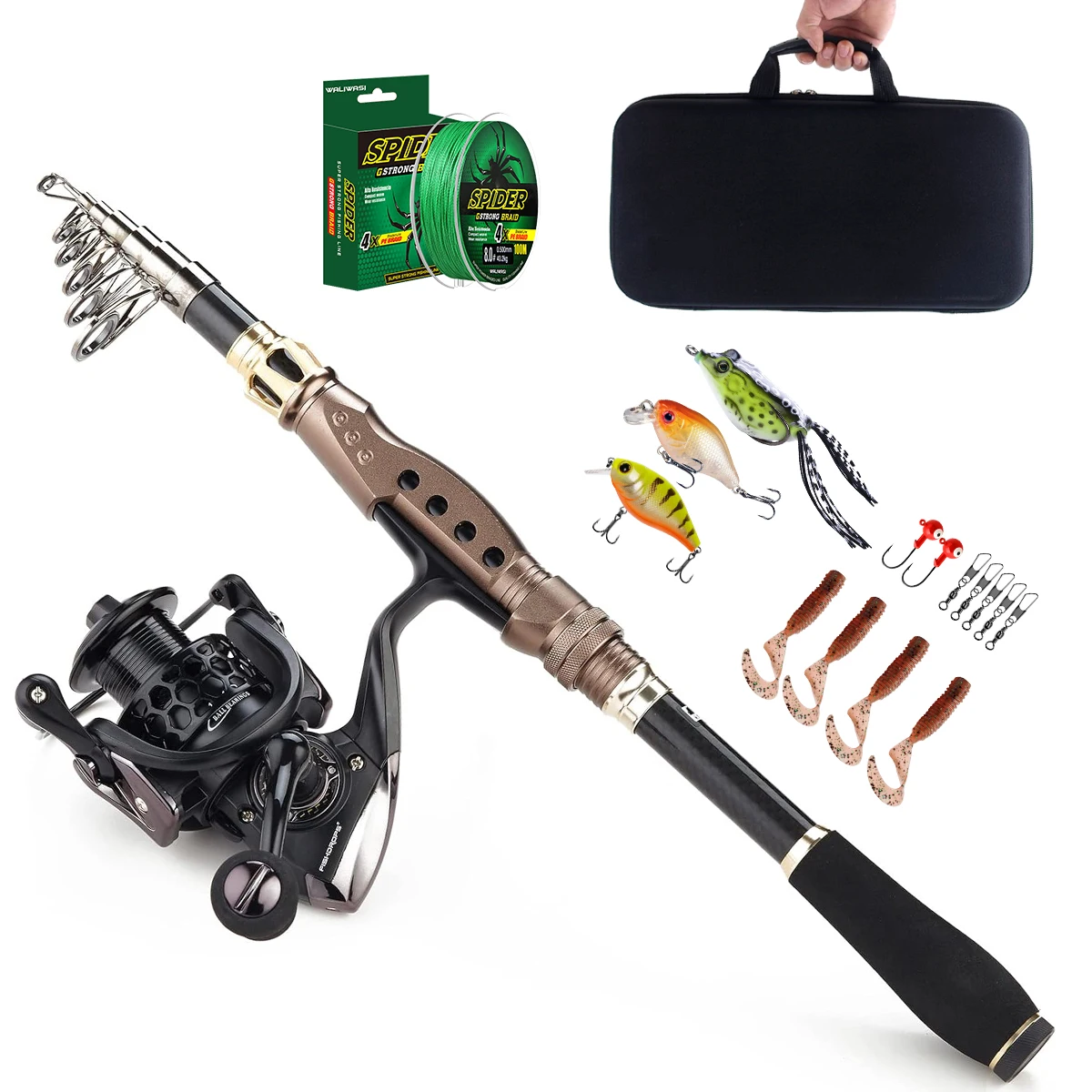 Combos de caña de pescar Fishdrops con caña de pescar telescópica y carrete de pesca giratorio, señuelo, sedal, piezas de pesca