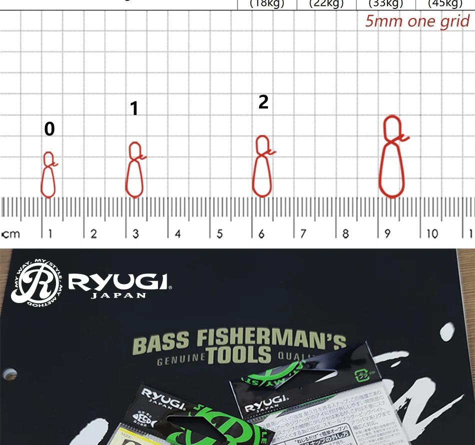 Un paquete de herramientas de pescadores de bajo Ryugi con una regla