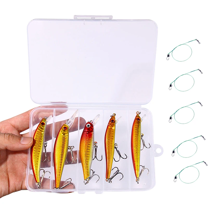 Kit de caja de 5 uds., juego de Señuelos de Pesca mixtos, cebo duro minnow, pesca Artificial, lubina, trucha, Lucio, carpa, Wobbler, aparejos de pesca Jerkbait