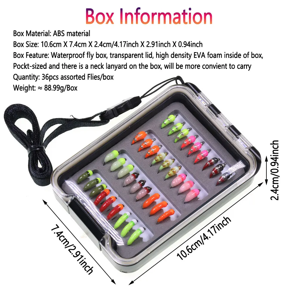 Kit/caja de moscas de 36 piezas # 12 cabeza de cuentas de latón de hundimiento rápido epoxi Scud insecto gusano ninfa mosca hielo Señuelos de pesca trucha carppie señuelo de pesca - imagen 3