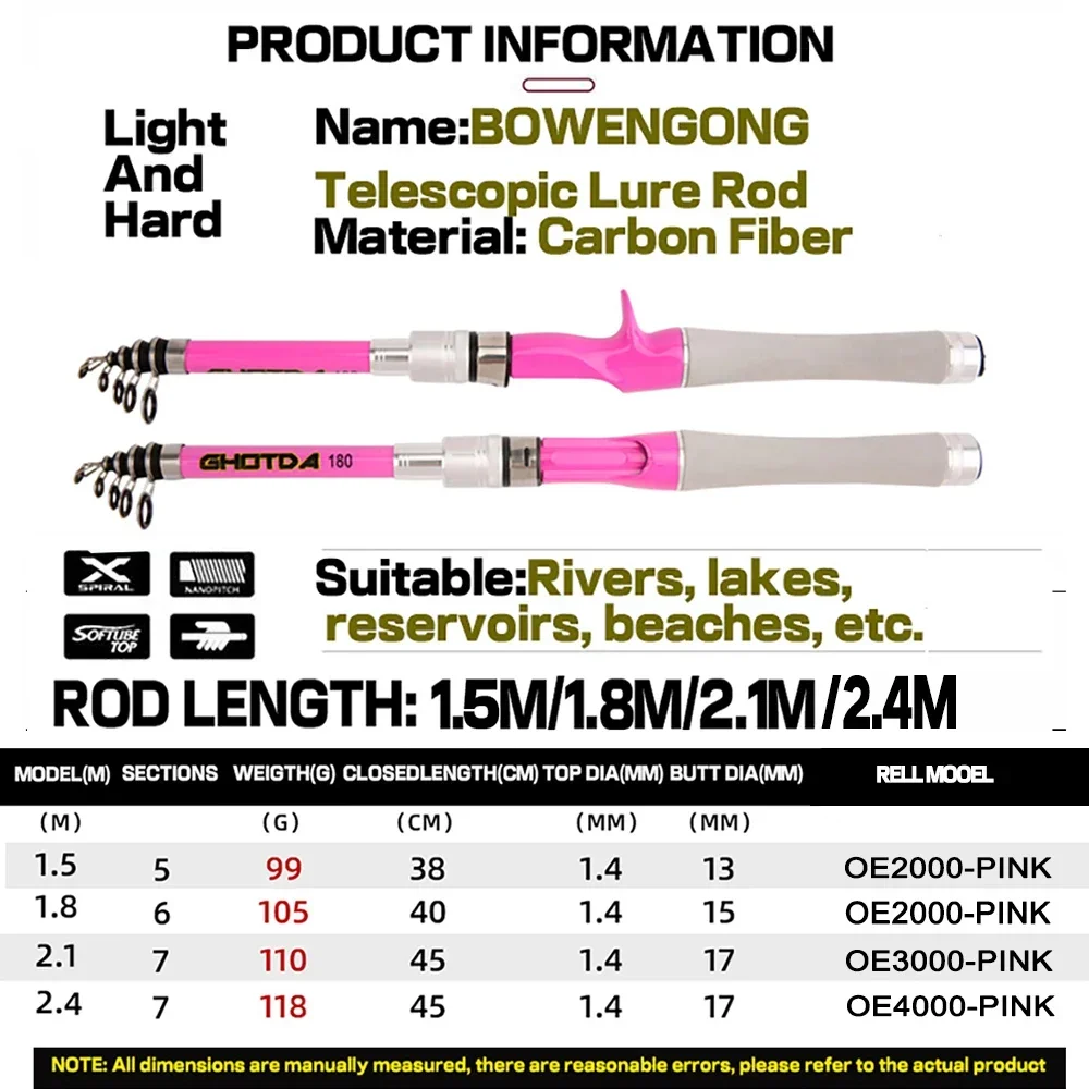 GHOTDA-caña de pescar giratoria telescópica portátil, Kit de bolsa de gancho de línea de carrete, pesca de carpa, 1,5-2,4 m - imagen 5