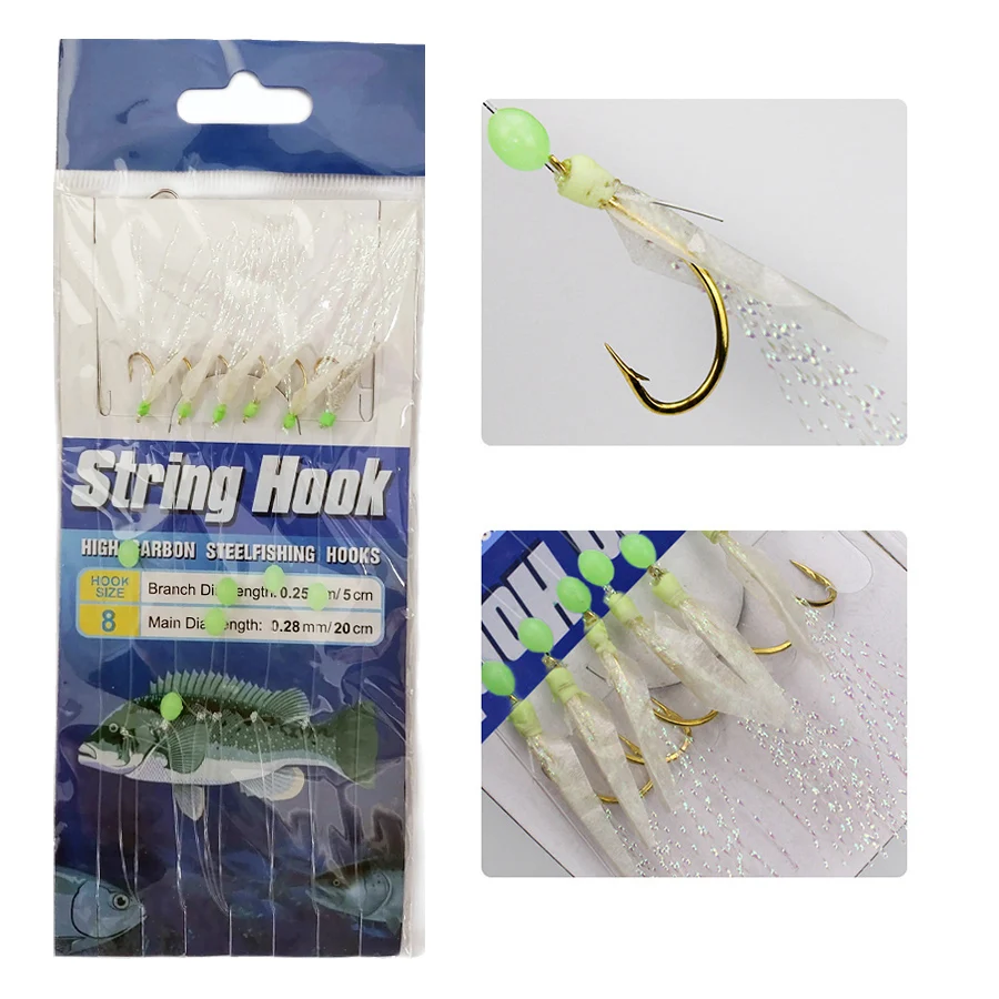 5 paquetes/lote pesca Sabiki mar peces cebos de piel aparejos 6 aparejos/paquete Señuelos de Pesca 8 # Gancho de cuerda para agua dulce - imagen 3