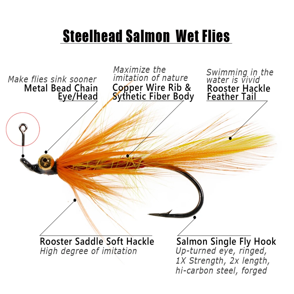 Wifreo-Cadena de cuentas de latón para pesca, Ojo de salmón, Cabeza de Acero, moscas húmedas, señuelos de trucha, OrangeColor, 6 piezas/8 piezas - imagen 2